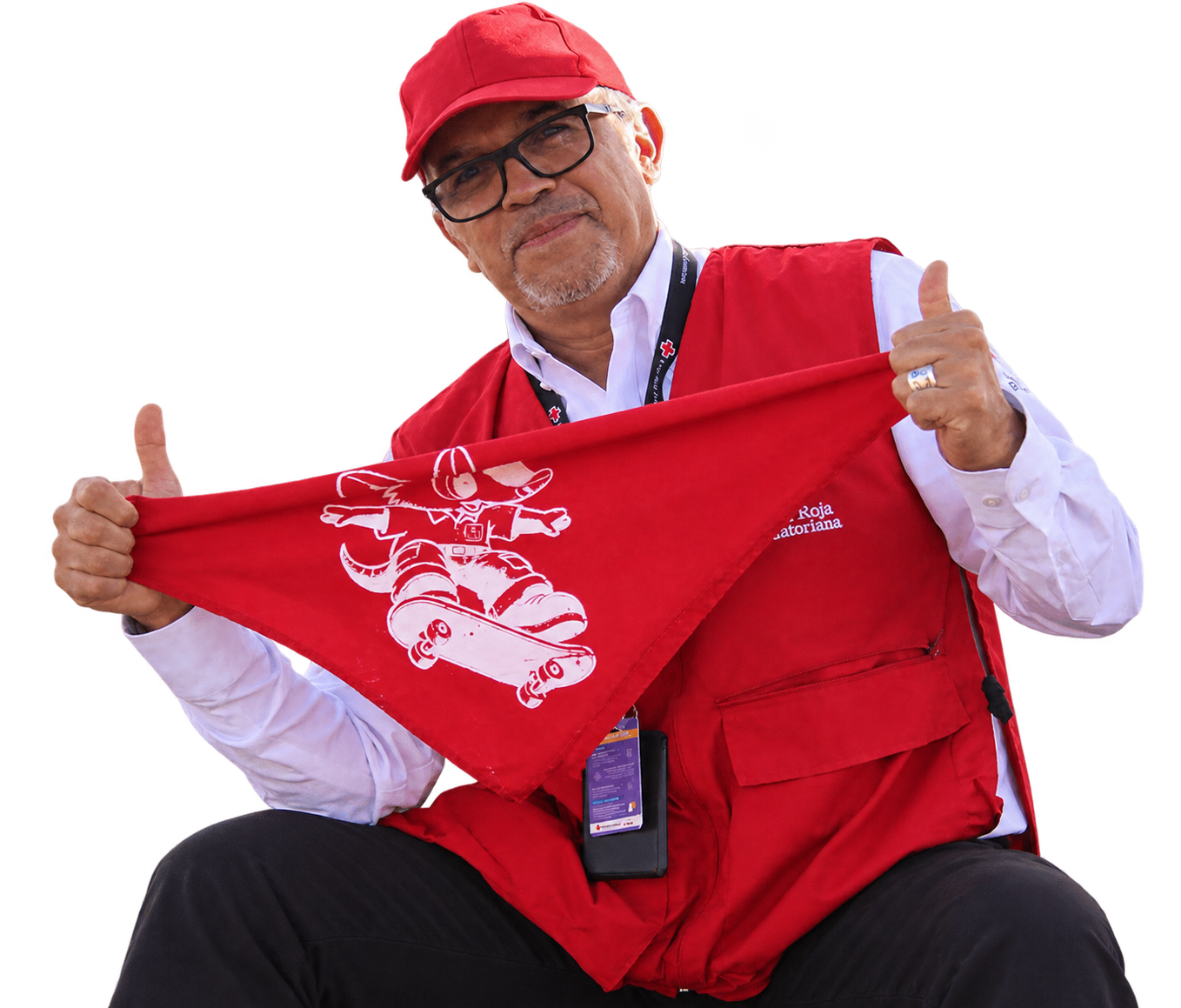 Coordinador Nacional del Programa de Juventud de la Cruz Roja Ecuatoriana con la bandera de Drop In por la Paz