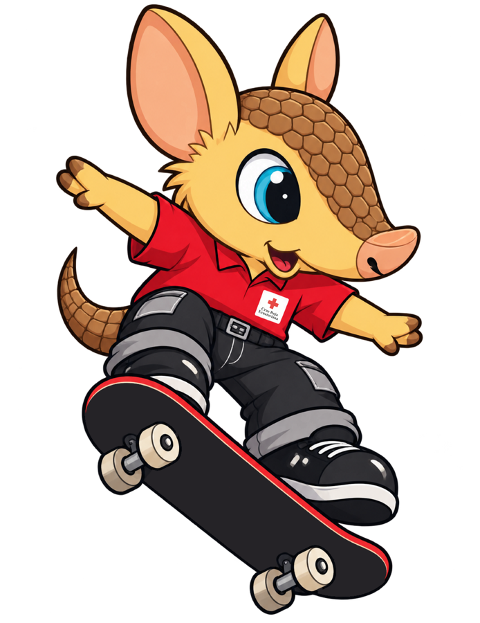 Guillo, la mascota de la Cruz Roja, en skate
