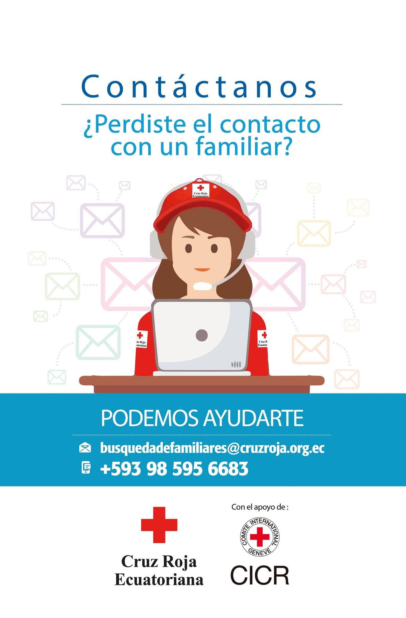 Agente de Cruz Roja Ecuatoriana atendiendo casos de Restablecimiento del Contacto entre Familiares